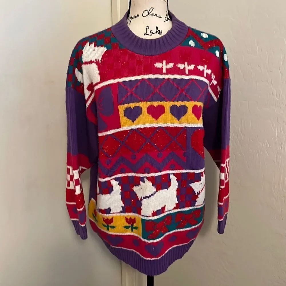 Vintage Rose Dog Flowers Heart Multi Color Print Pullover Sweater Kitschy